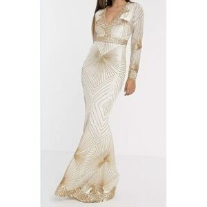 NEW Womens White Evening Gown Sz 8 US Gold Sequin Hourglass Mermaid Glam Gala